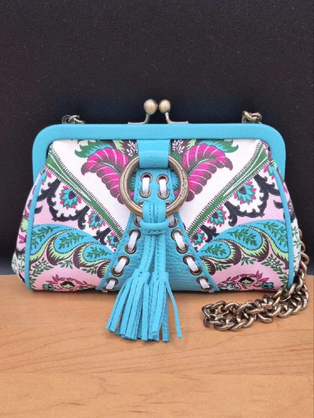 Vintage Isabella Fiore Teal Leather Paisley Kiss Lock Frame Bag Chain Strap